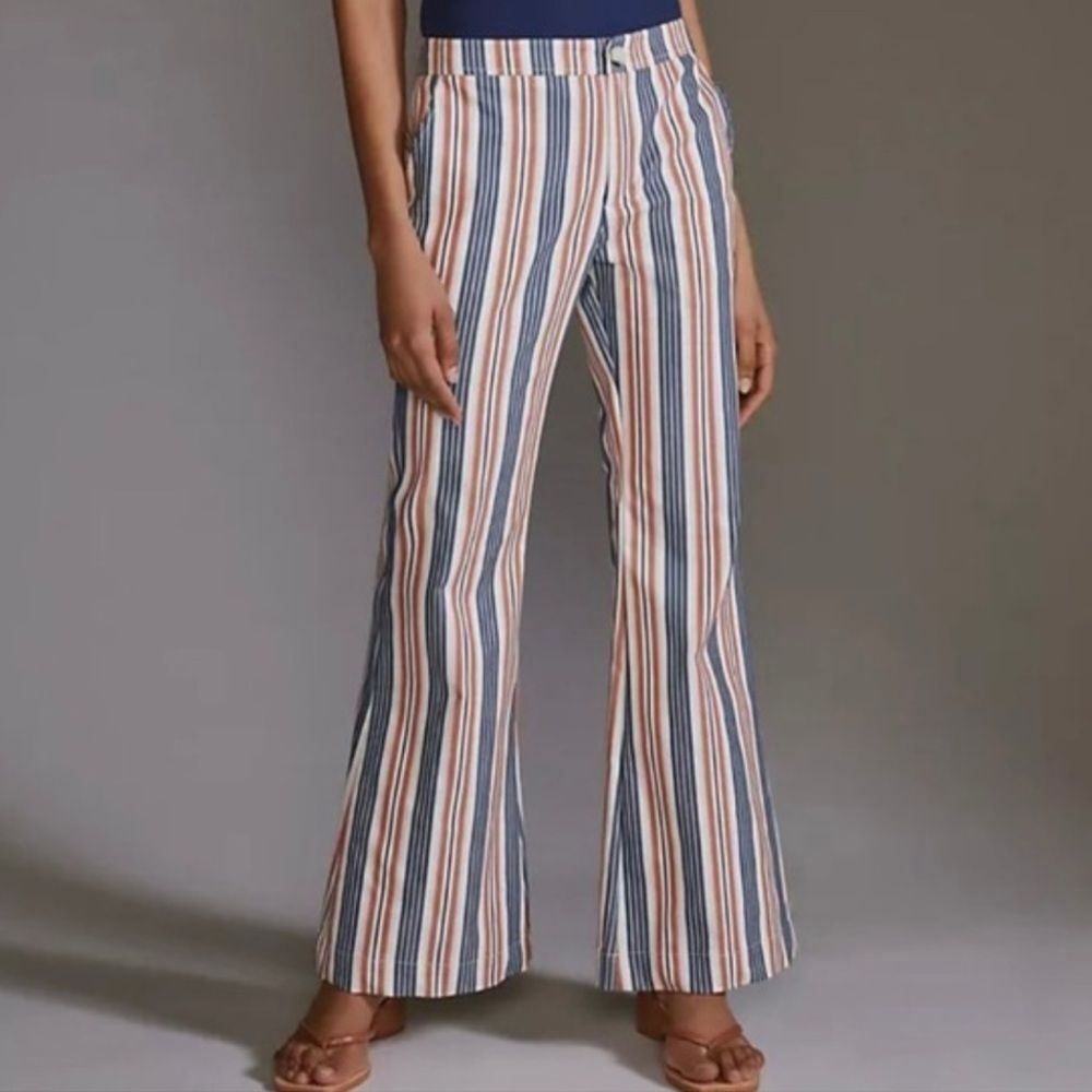 Anthropologie Striped Boot-Cut Pants in Navy, Cream & Tan